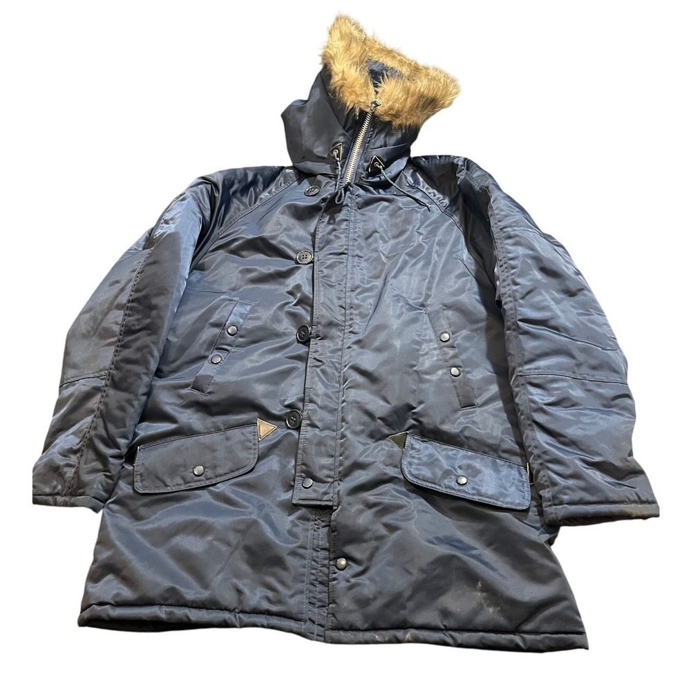 JCPenney Snorkel Parka L‎ Navy Blue Faux Fur Hood Quilted Orange Lining Vintage